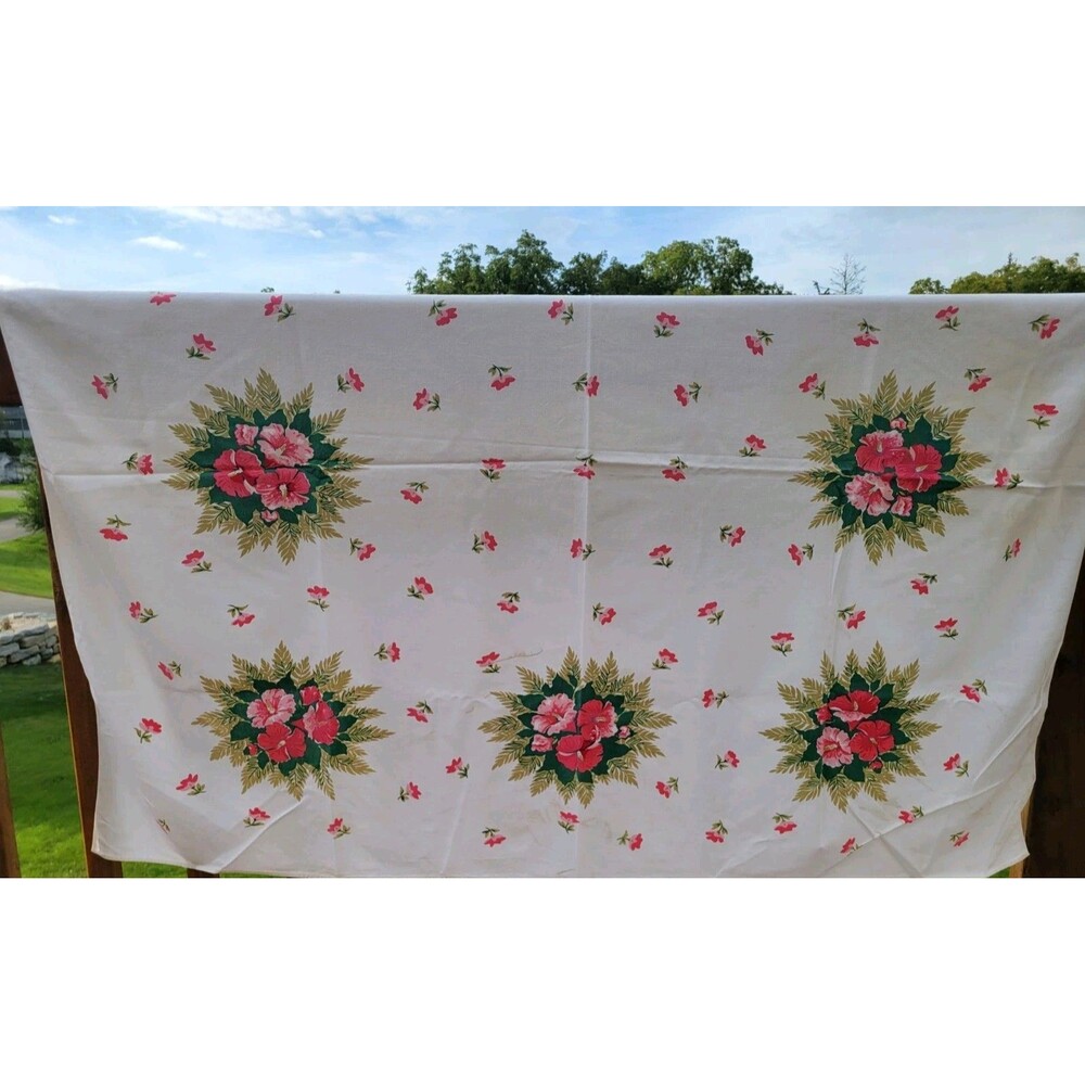 Vtg Tablecloth Rectangle White Pink Flowers 50" X 42" Cotton MCM FLAWS